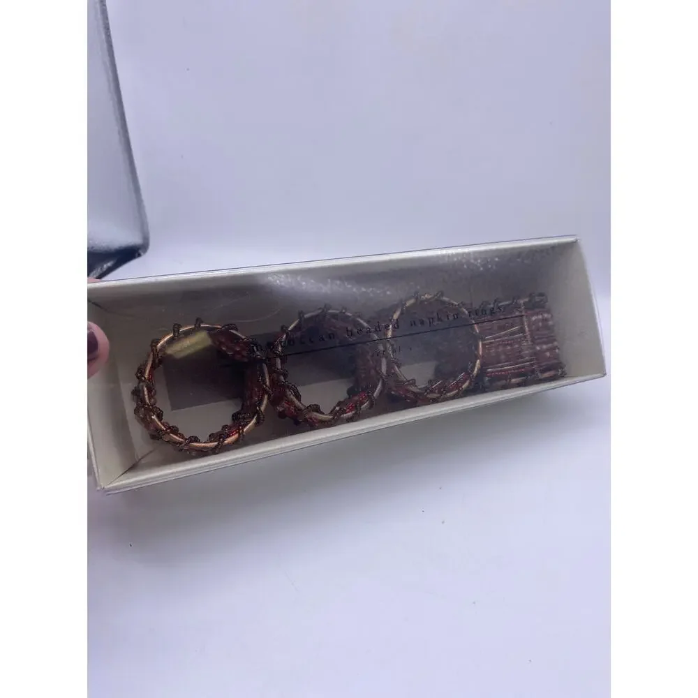 Pier 1 Imports Napkin Rings Moroccan Beaded Brown Red Y2K Boho Earthy Retro NEW